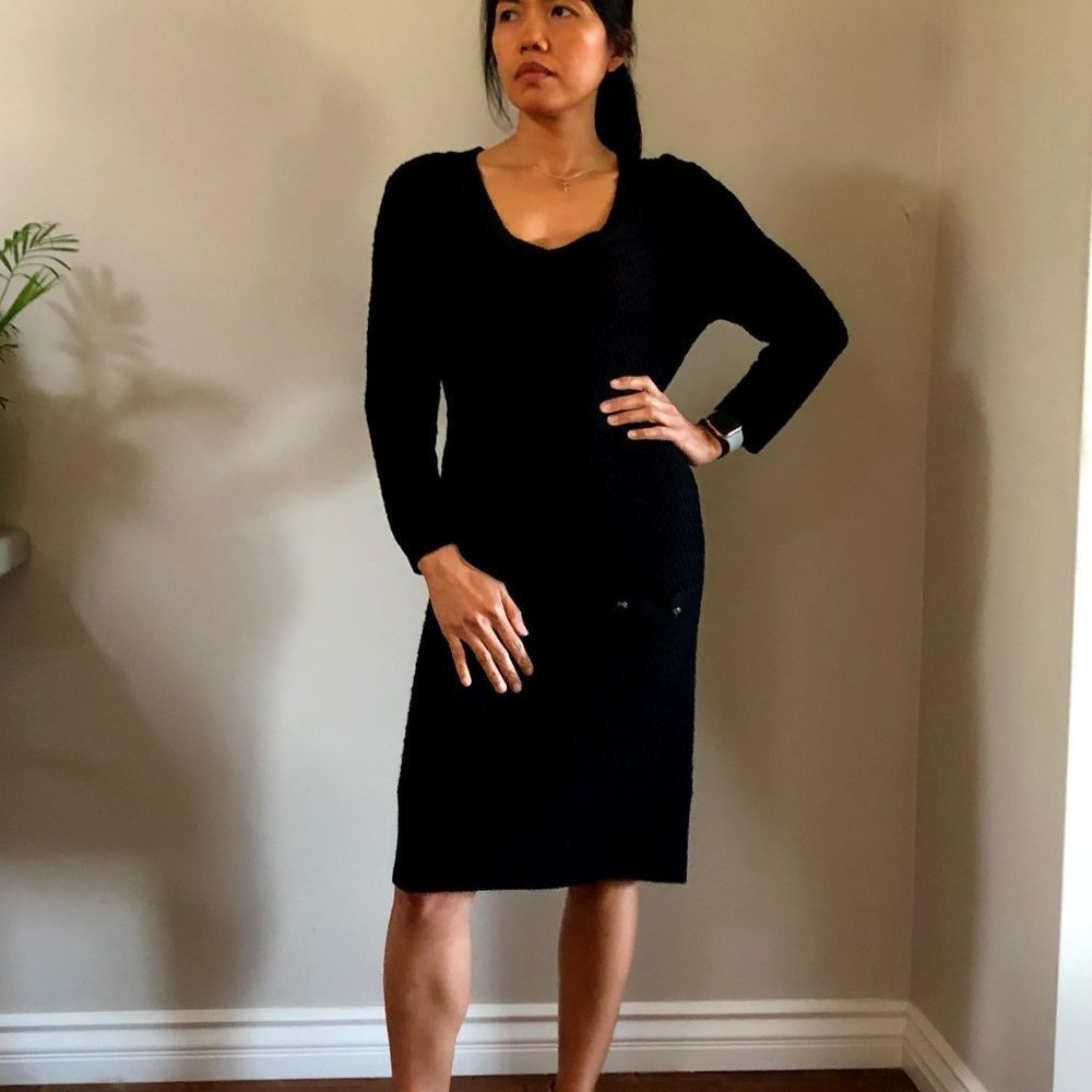 Tibi BLACK KNIT LONG SLEEVE SWEATER DRESS WITH DECORATIVE POCKETS SIZE S…